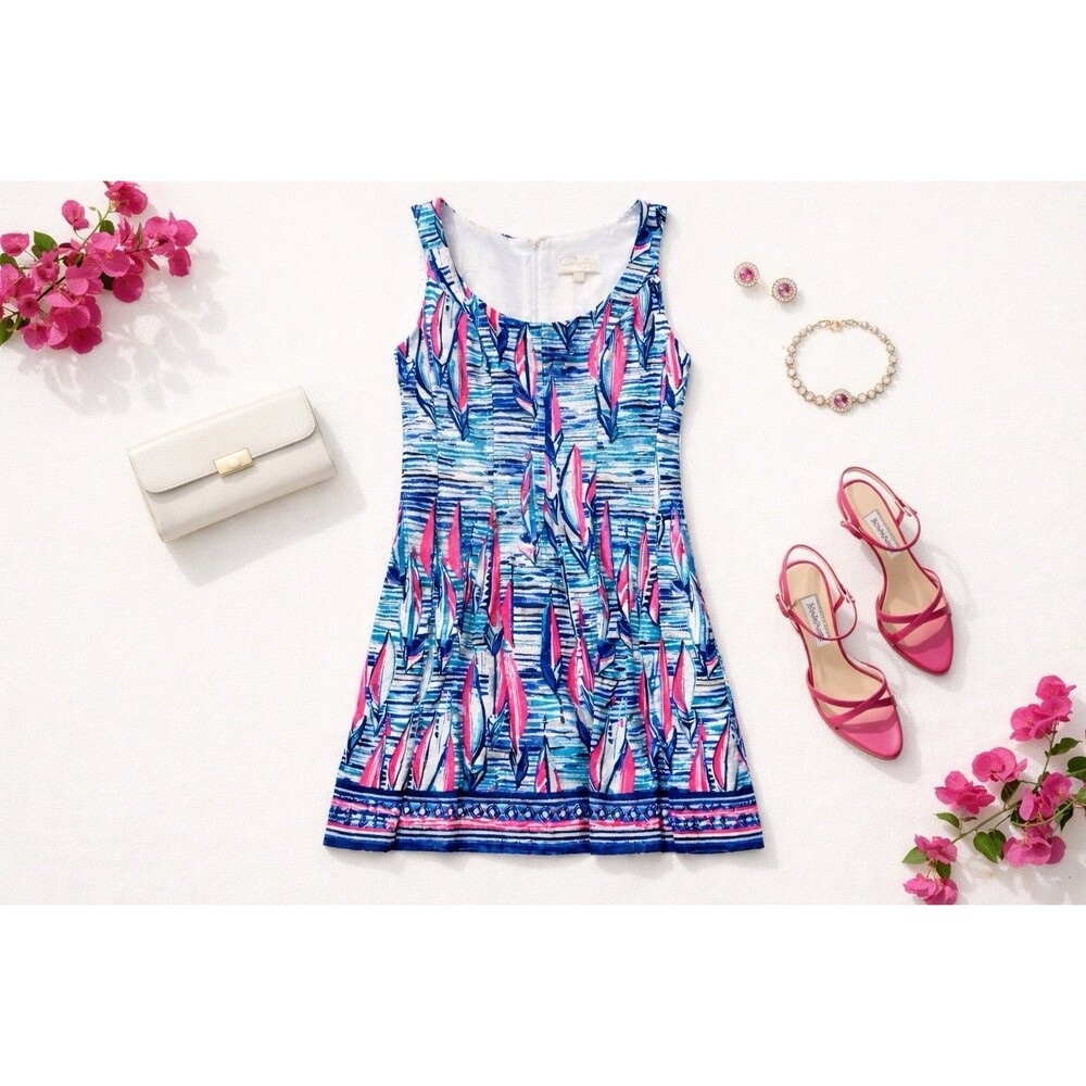 Cappagallo Sailboat Print Dress Fit Flare Pleated Nautical Preppy Size 4